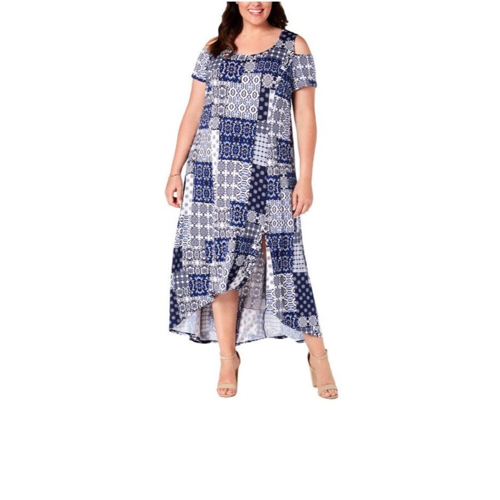 NY Collection Maxi Dress Asymmetric Printed Petite Plus 2XP Cold Shoulder Slit
